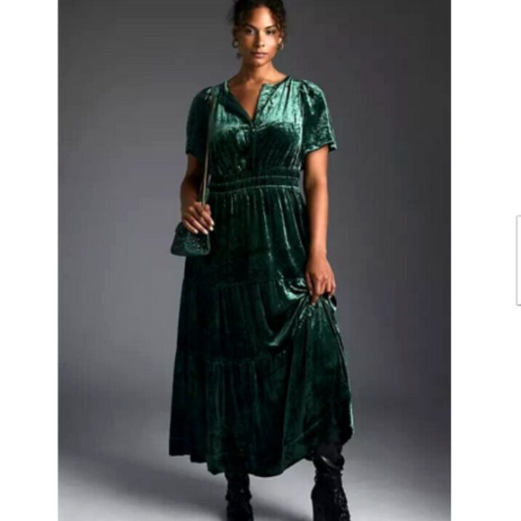 Anthropologie Somerset Velvet Edition Maxi Dress Tiered Holly Green XXS NWT